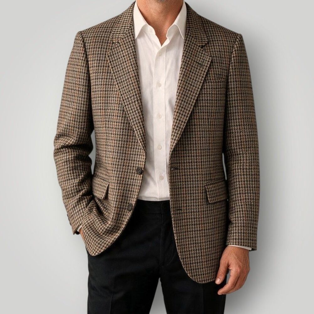 Vintage Mens Blazer Sport Coat Two‑Button Jacket TWEED WOOL Plaid 40R Brown/Tan